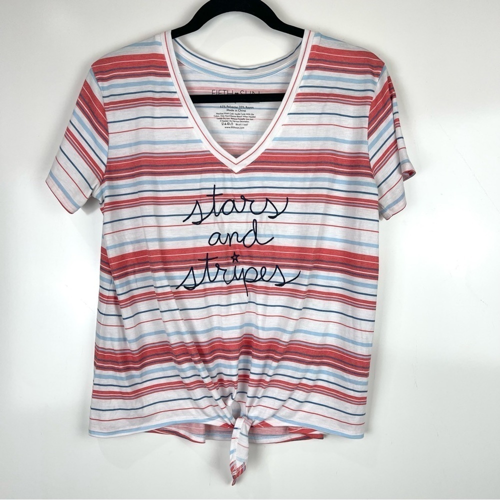 Fifth Sun USA Stars & Stripes V-Neck T-Shirt Red White Blue Women's Large L